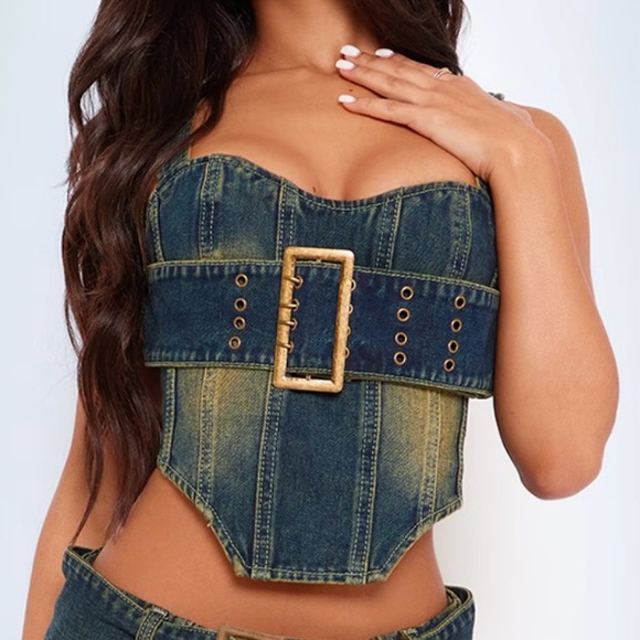 PRETTYLITTLETHING Denim Corset Buckle Top - Picture 1 of 5
